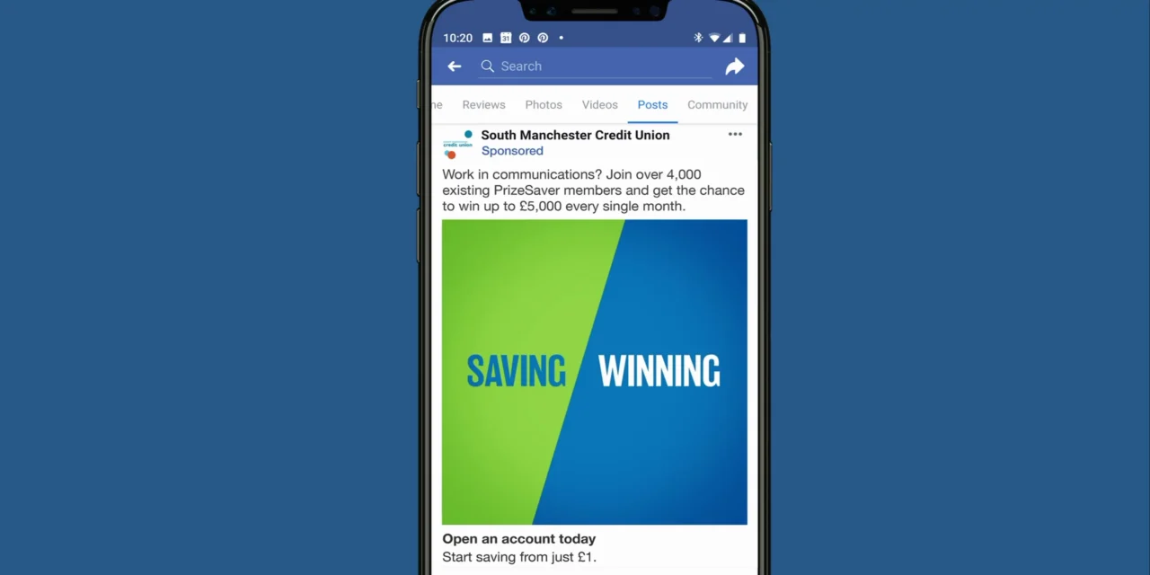 Mockup image of a smartphone displaying PrizeSaver social media post