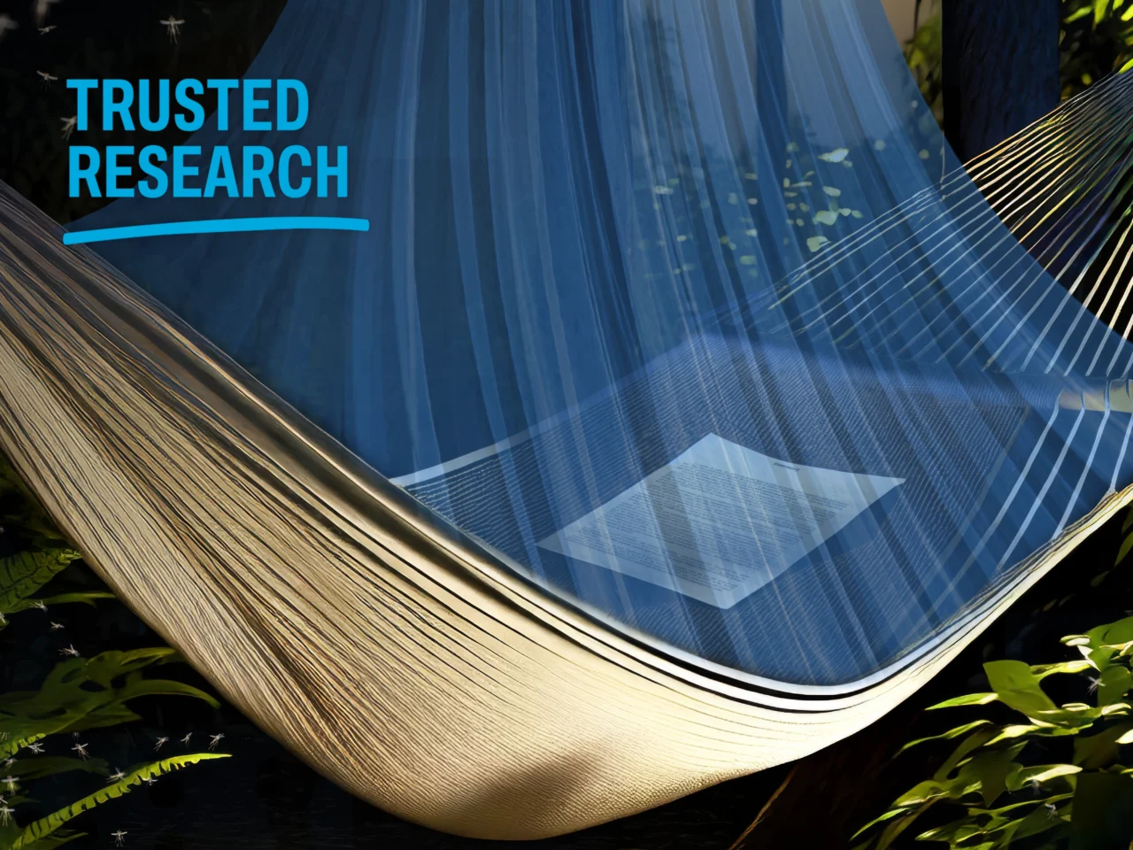 A research paper rests inside a hammock protected by a blue mosquito net in a tropical forest at night. The image uses the mosquito net as a metaphor for safeguarding research from hidden threats. The Trusted Research logo appears in the top left.