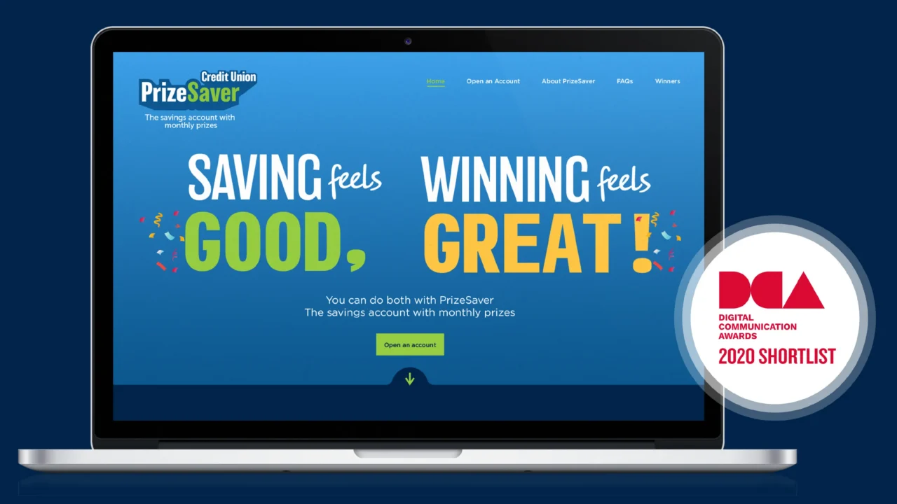 PrizeSaver home page, shortlisted for the 2020 Digital Communication Awards