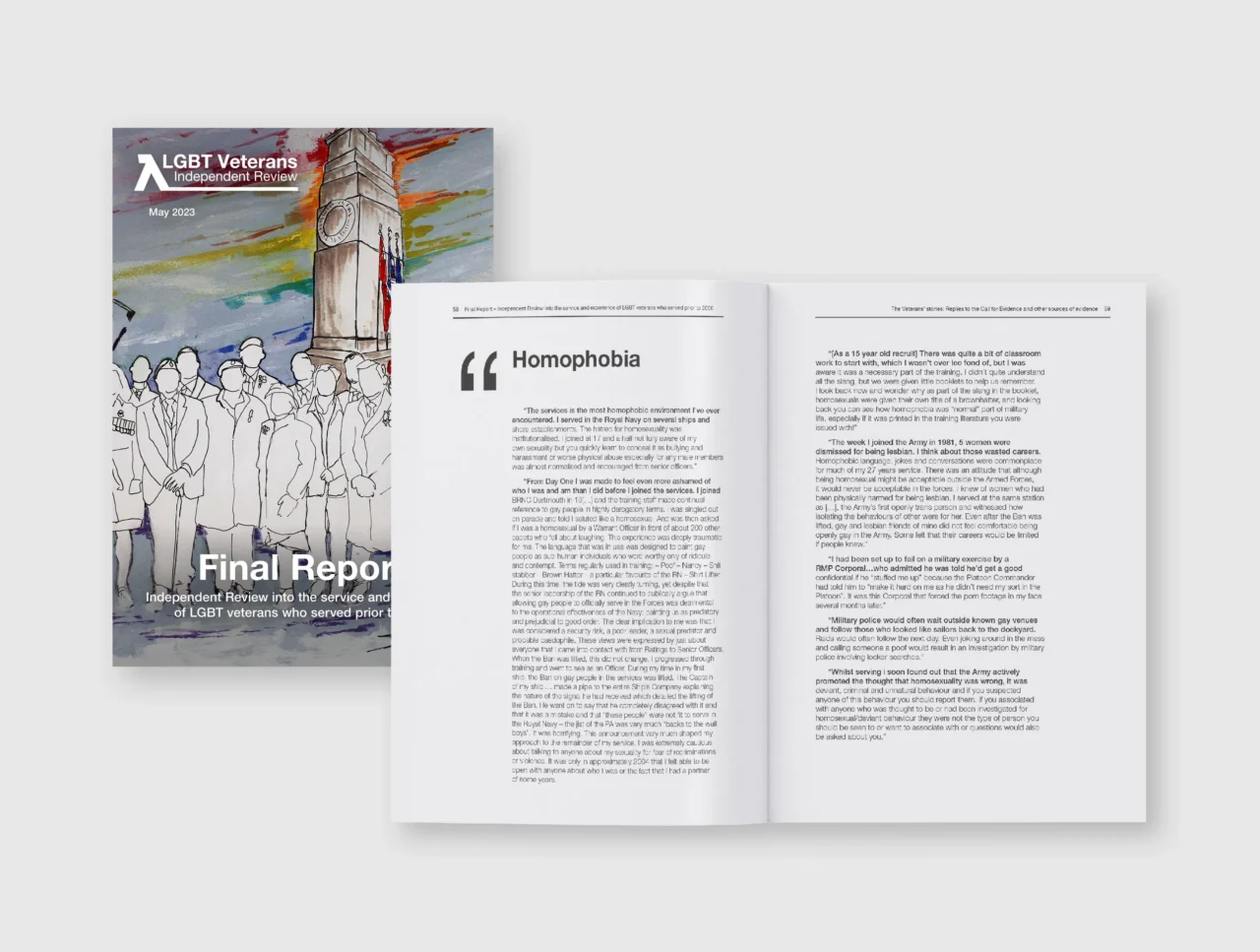 Image of a two page spread and cover of the LGBT Veterans Independent Review report.