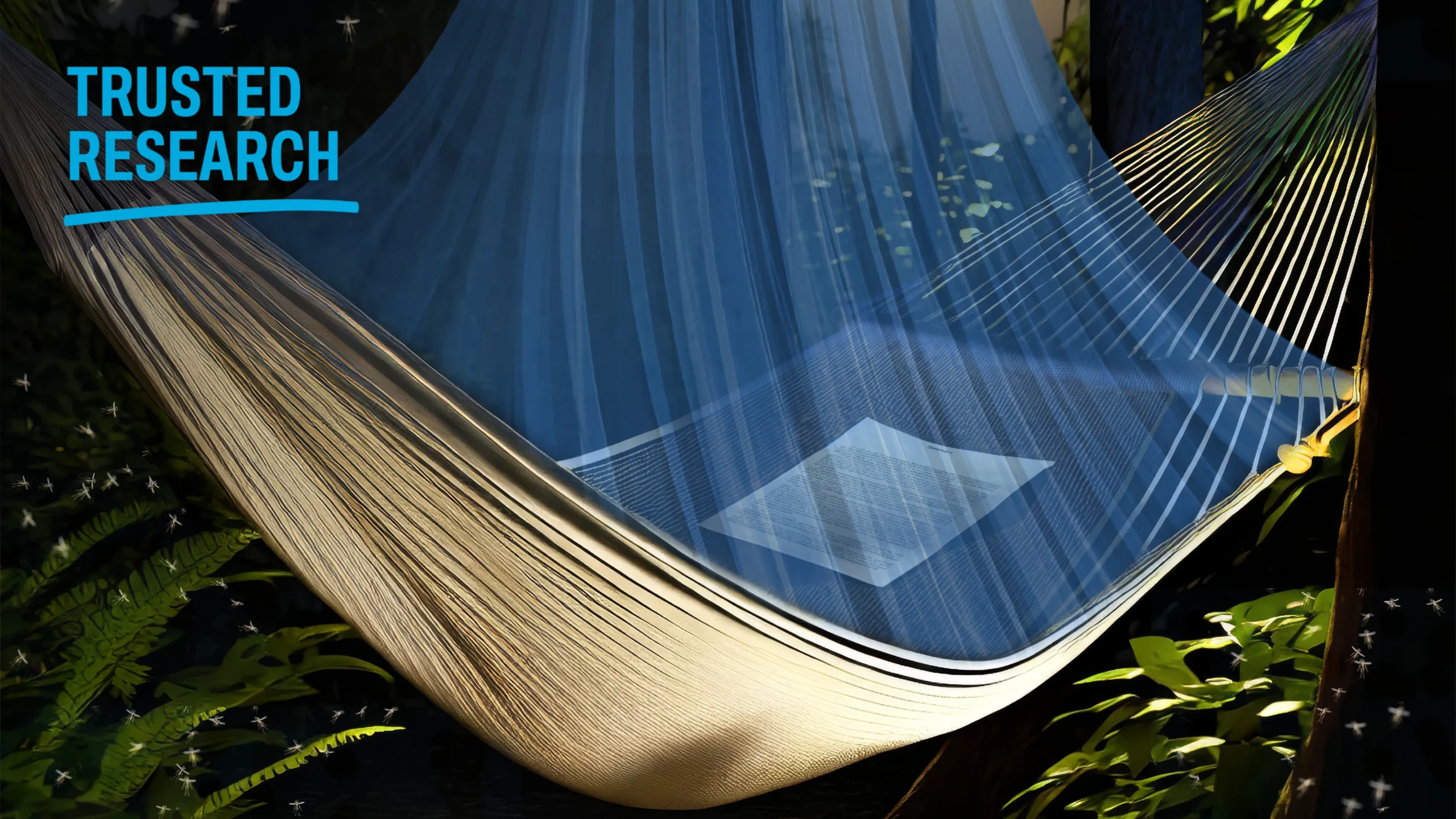 A research paper rests inside a hammock protected by a blue mosquito net in a tropical forest at night. The image uses the mosquito net as a metaphor for safeguarding research from hidden threats. The Trusted Research logo appears in the top left.