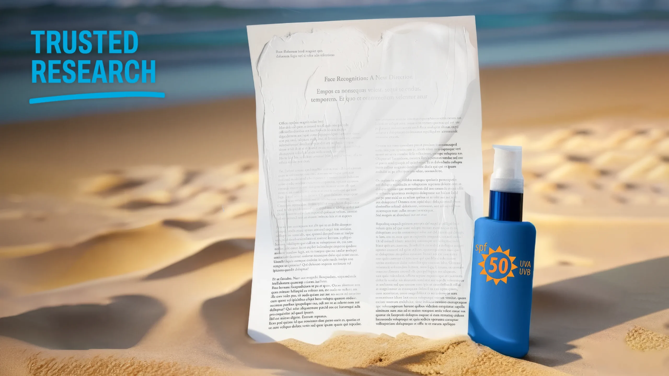 A research paper on the beach covered in sunscreen. the words read Trusted Research