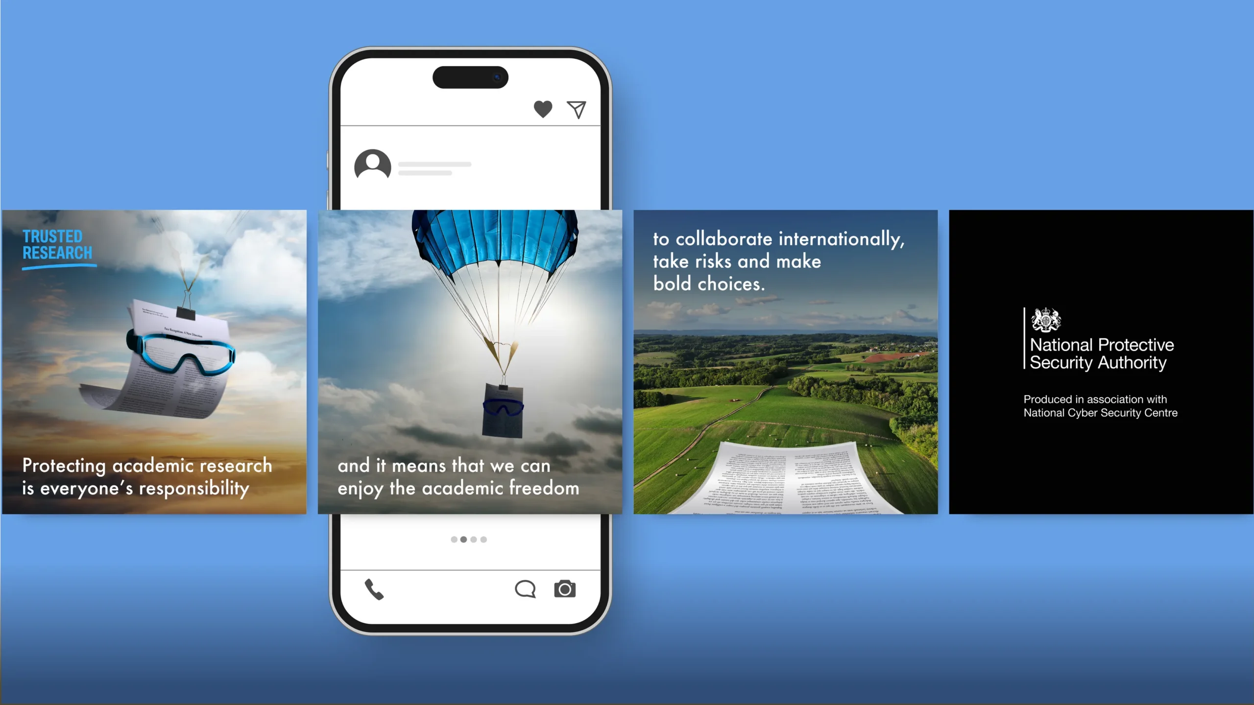 A smartphone mock-up displays a Trusted Research Instagram carousel against a blue background. The carousel features a research paper protected in different ways, including wearing safety goggles while skydiving with a parachute. The accompanying slides explain that protecting academic research enables international collaboration, informed risk-taking and academic freedom. The final slide displays National Protective Security Authority branding, produced in association with the National Cyber Security Centre.