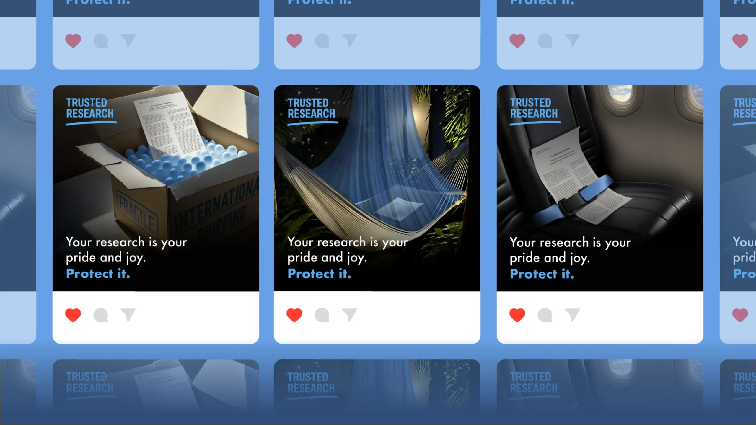 Three social media posts for the Trusted Research campaign are displayed side by side on a blue background. Each post features a research paper being protected in a different way: packed safely in a box with protective balls, resting in a hammock, and secured with a seatbelt on an aeroplane seat. The headline reads, "Your research is your pride and joy. Protect it." with the Trusted Research logo in the top left of each image. Beneath each post are social media like, comment and share icons.