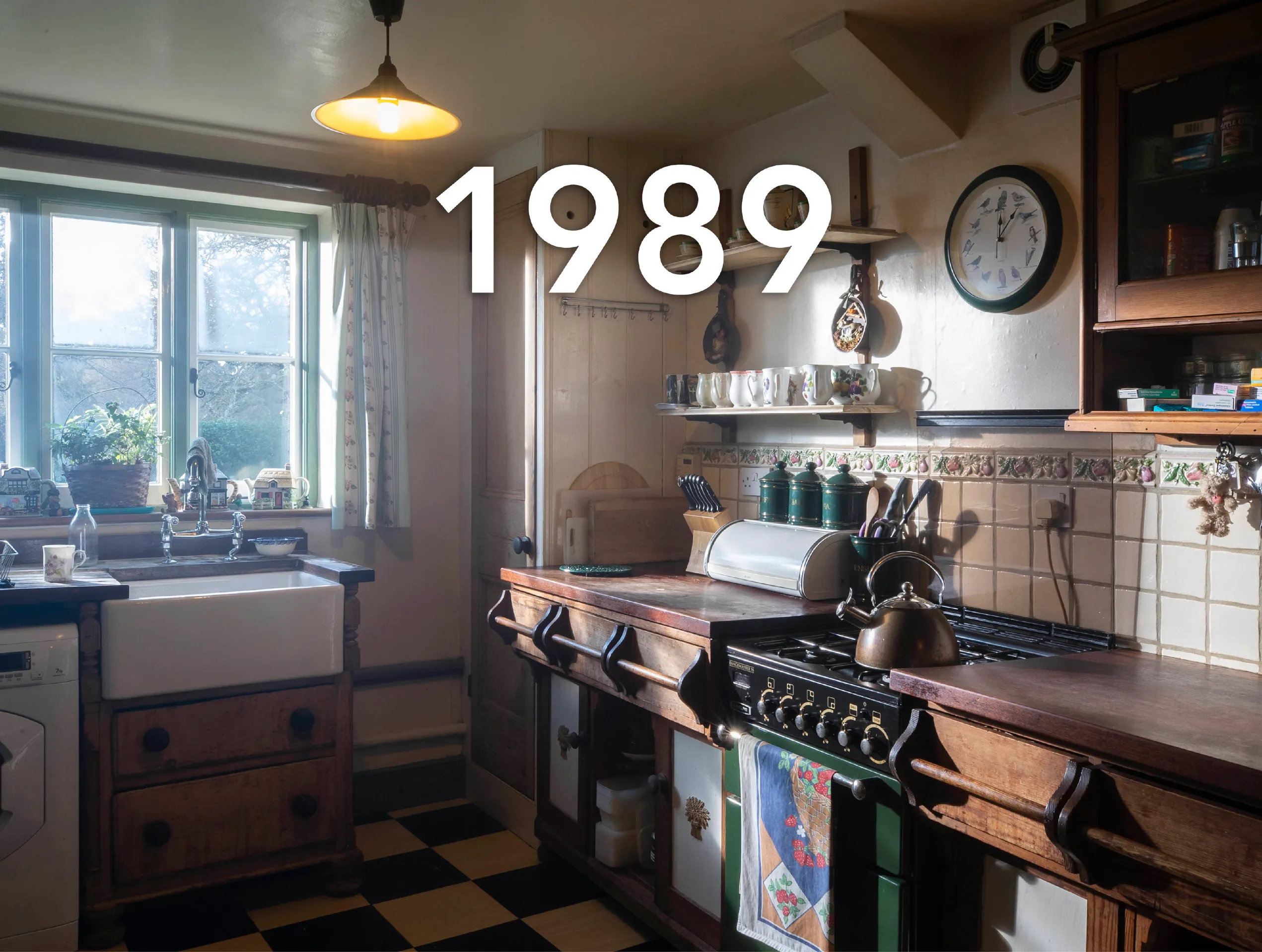 Photo of a 1980s kitchen with a large caption reading '1989'.