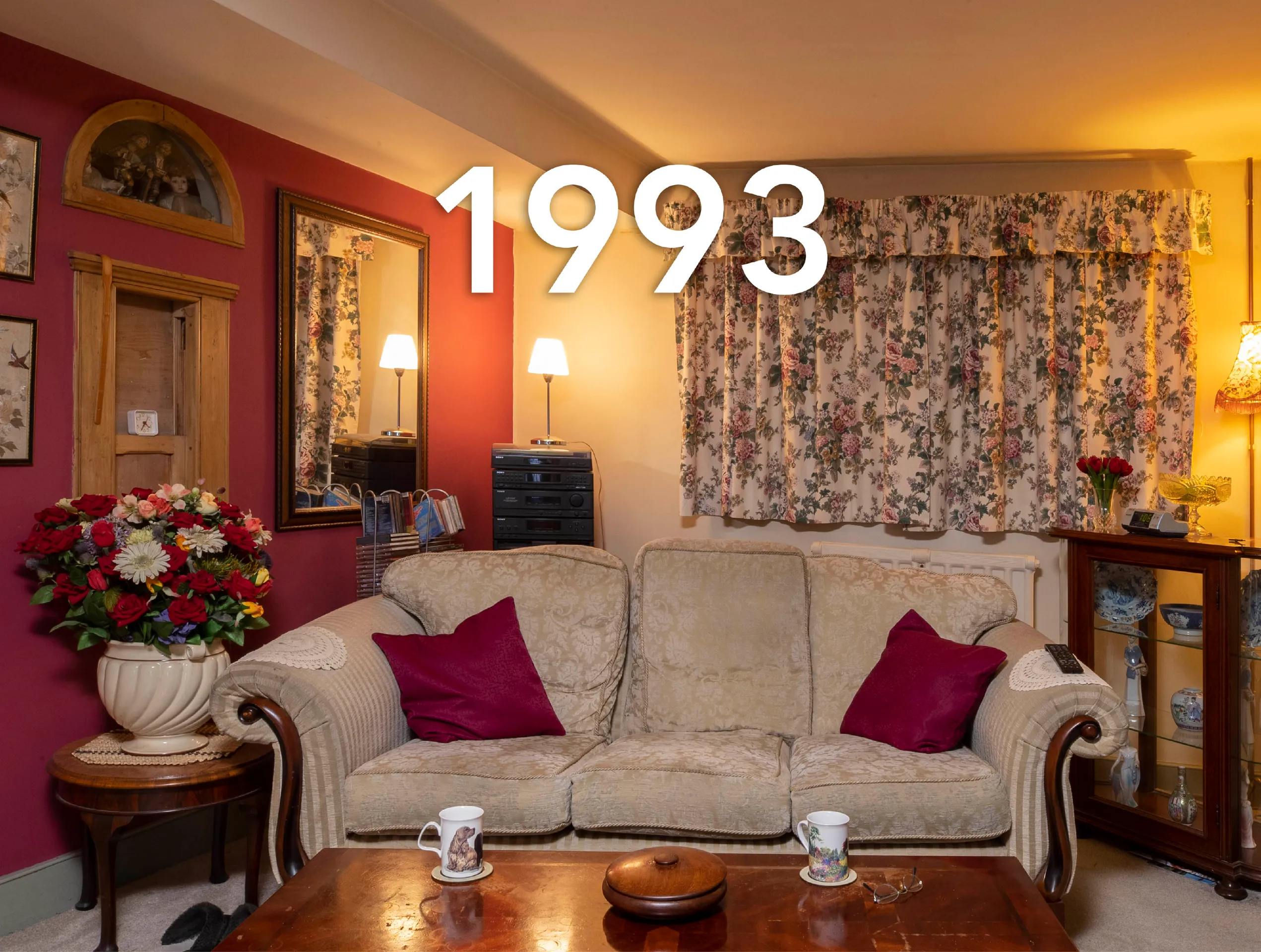 Photo of a 1990s living room with a large caption reading '1993'.
