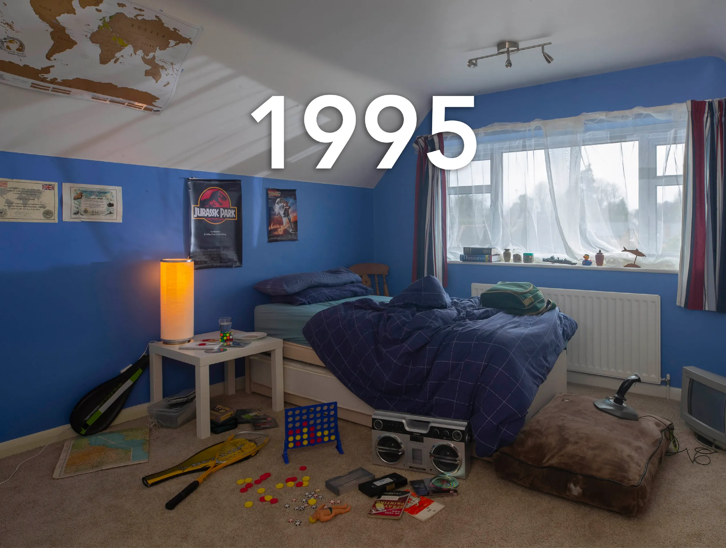 Photo of a 1990s bedroom with a large caption reading '1995'.
