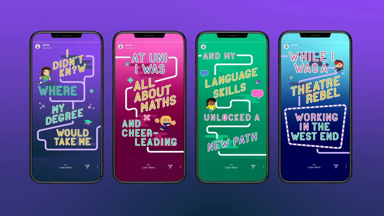 Image of four smartphones, all showing parts of a 'Journey to GCHQ' social media video.