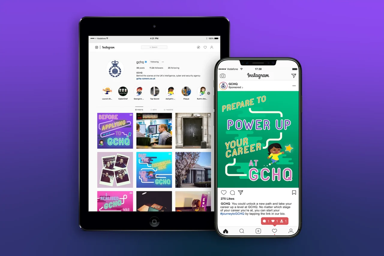 Image of a tablet and smartphone, both showing 'Journey to GCHQ' social media posts.