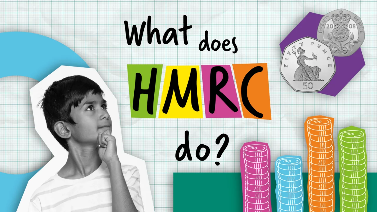 Photo of junior schoolboy girl placed within pop-art illustration paired with black and white photography. Text in the centre of the image reads 'What does HMRC do?'.