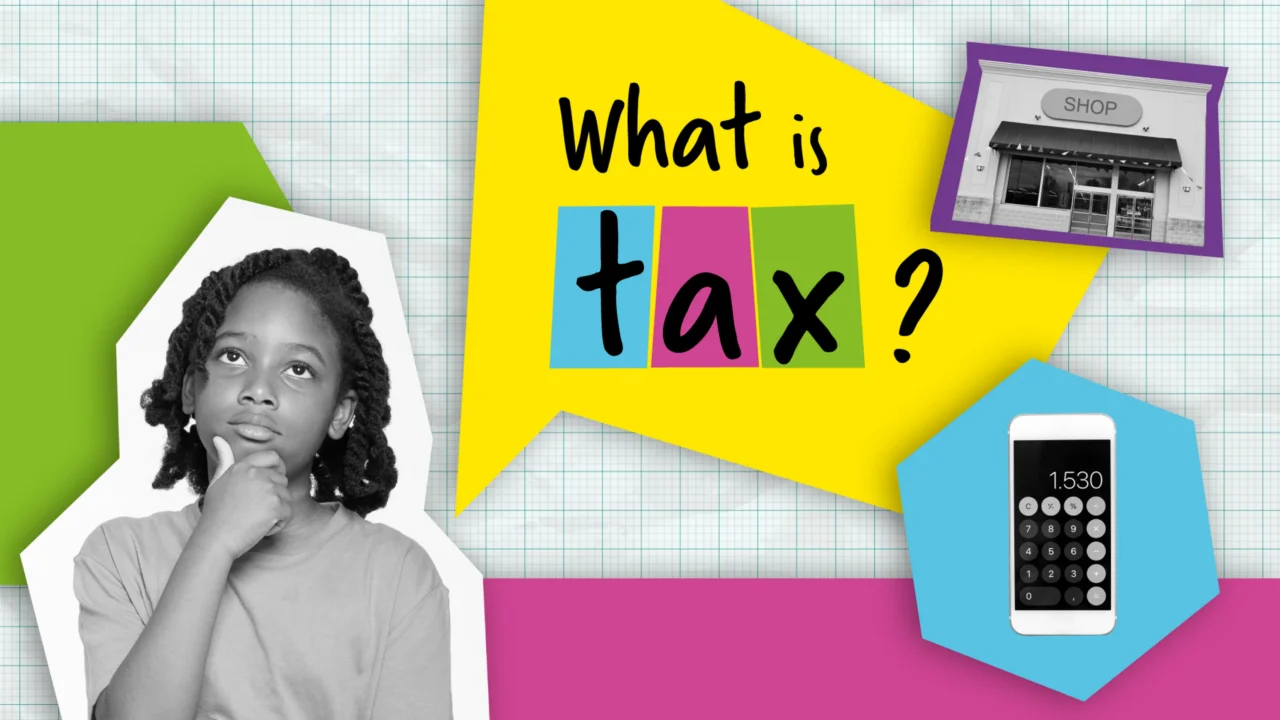 Photo of junior schoolgirl girl placed within pop-art illustration paired with black and white photography. Speech bubble above girl asks 'What is tax?'.