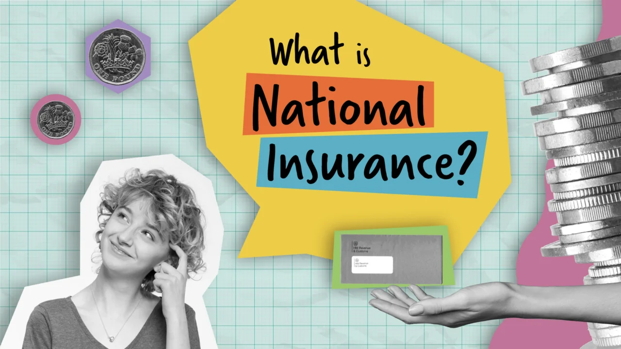 Photo of teenage girl placed within pop-art illustration paired with black and white photography. A speech bubble above the girl asks 'What is National Insurance?'